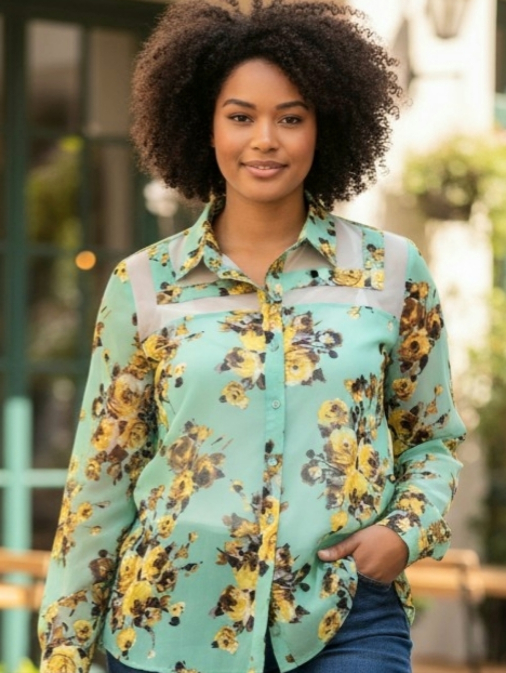 Kut from the Kloth Mint Green Floral Button-Down Blouse